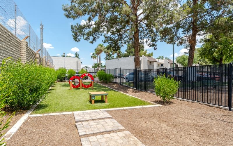 a park with a bench and a fence